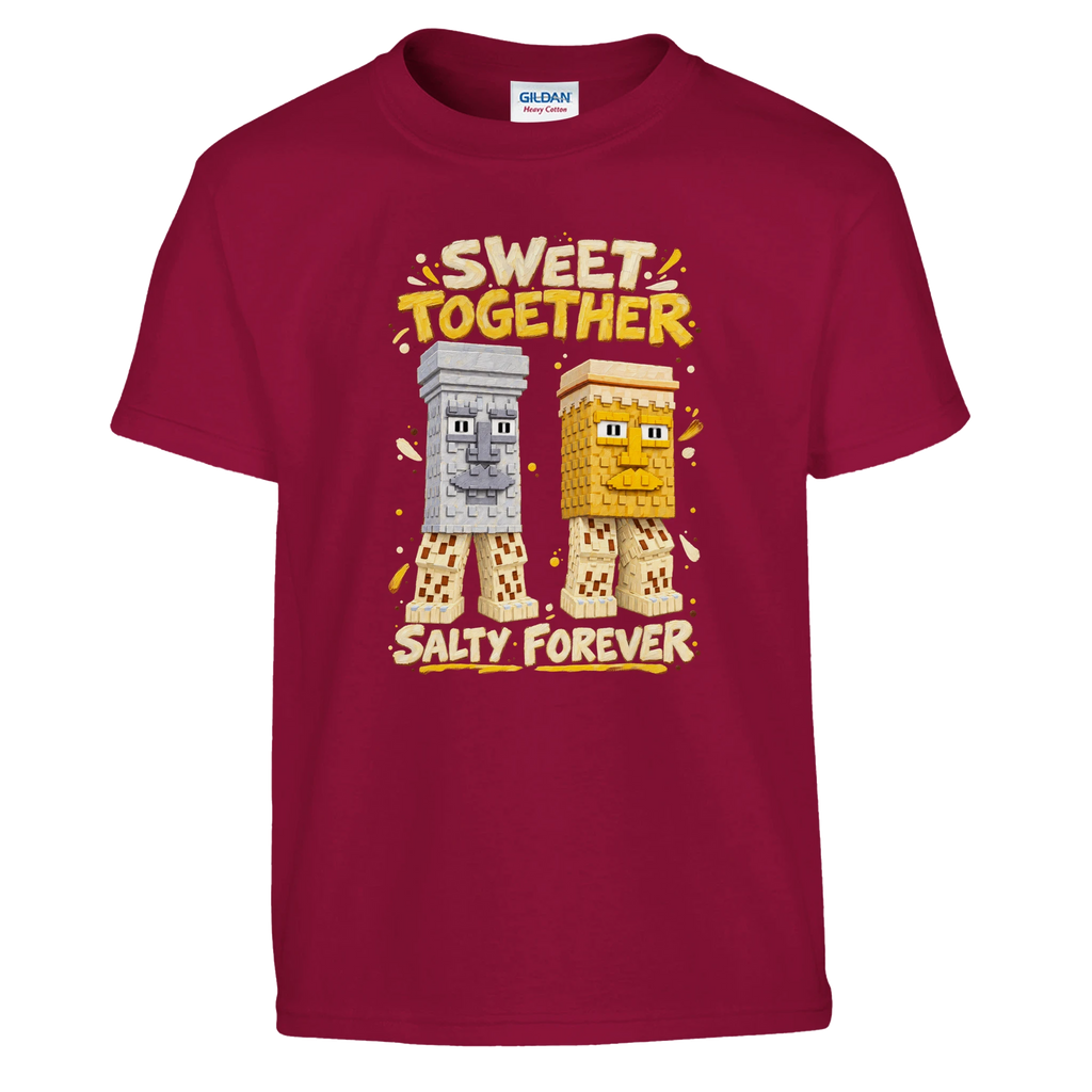 Garama and Madundung print on a cardinal red kids t-shirt, front view
