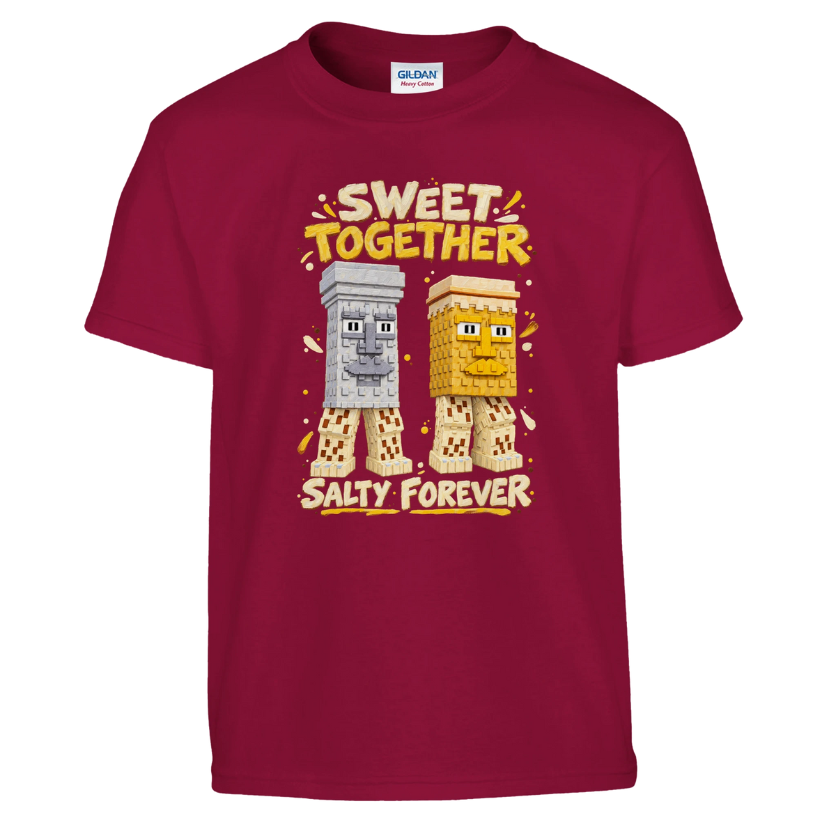 Garama and Madundung print on a cardinal red kids t-shirt, front view