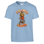 Chicleteira Bicicleteira print on a light blue kids t-shirt, front view