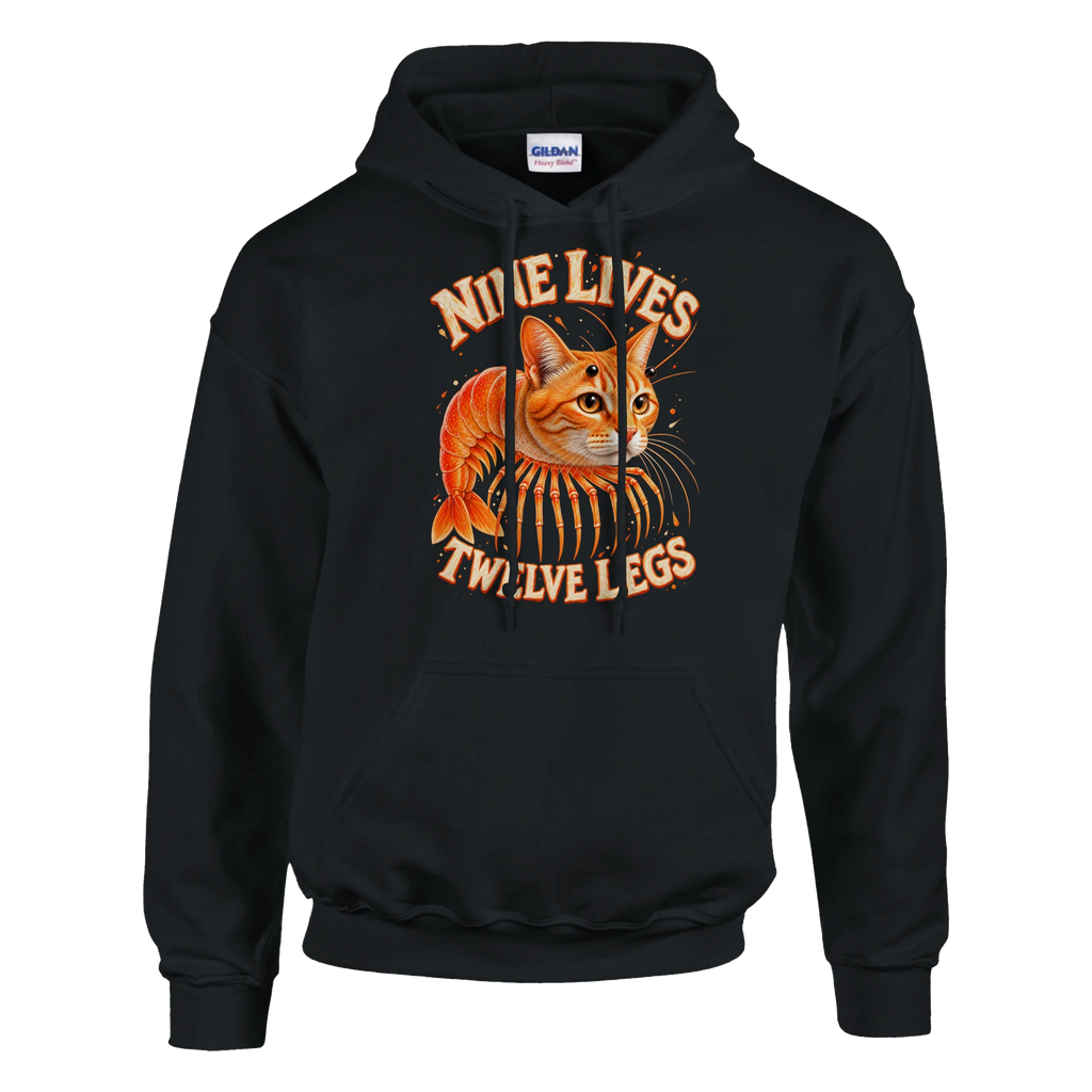 Trippi Troppi print on a black pullover hoodie, front view