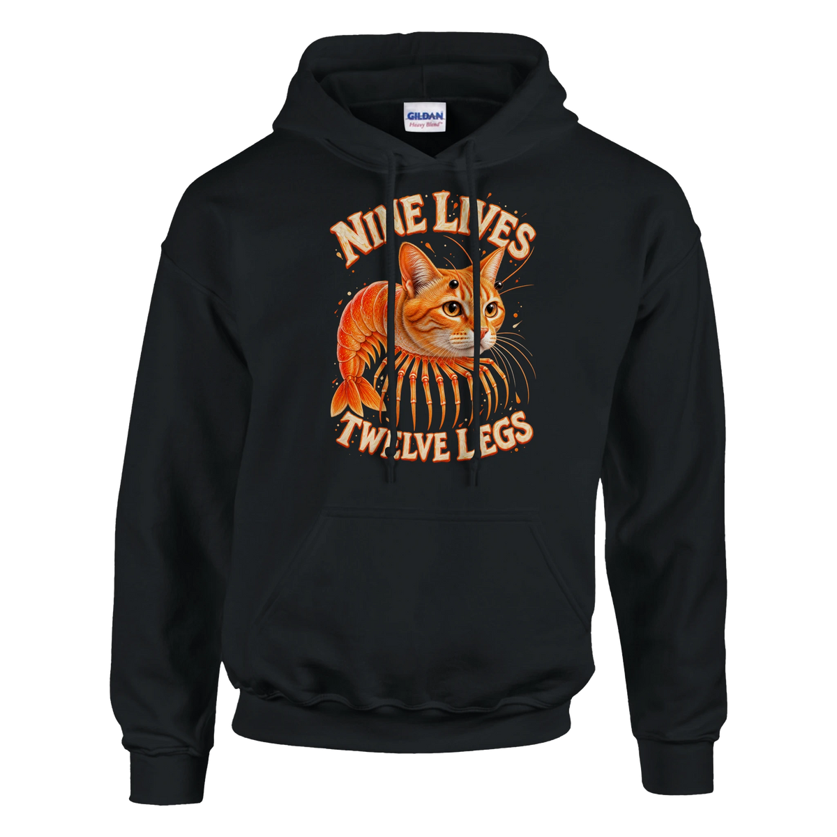 Trippi Troppi print on a black pullover hoodie, front view