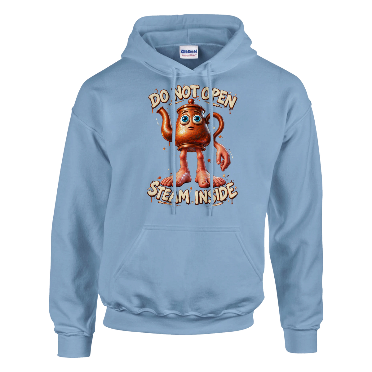 Ta Ta Ta Sahur print on a light blue pullover hoodie, front view