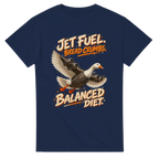 Navy t-shirt printed with Bombombini Gusini and the words Jet fuel, bread crumbs, balanced diet, front view