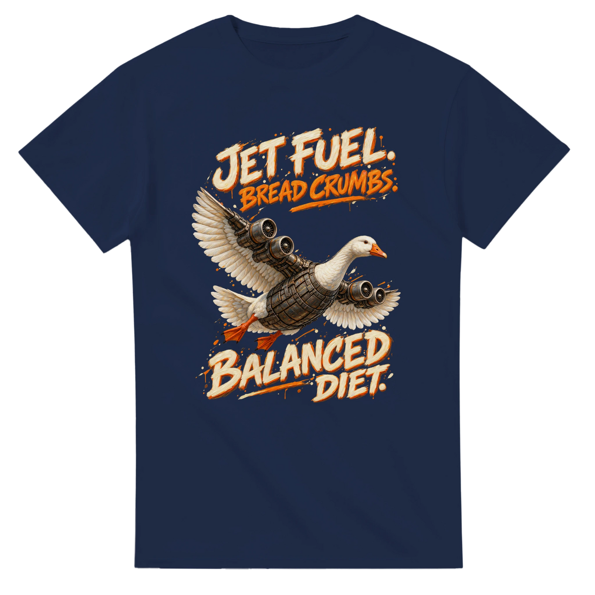 Navy t-shirt printed with Bombombini Gusini and the words Jet fuel, bread crumbs, balanced diet, front view