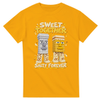 Gold t-shirt printed with Garama and Madundung and the words Sweet together, salty forever, front view