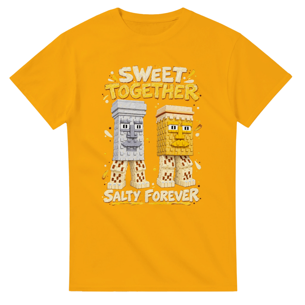Gold t-shirt printed with Garama and Madundung and the words Sweet together, salty forever, front view