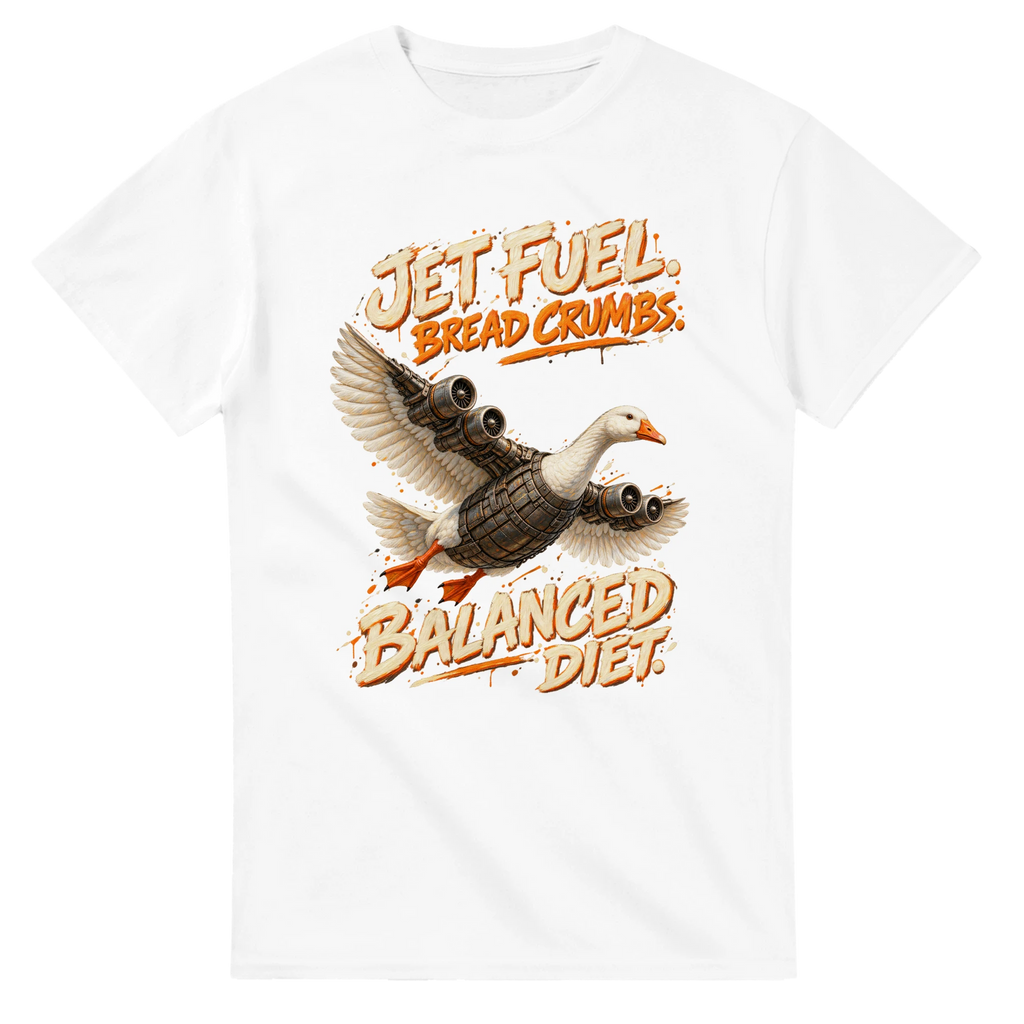 White t-shirt printed with Bombombini Gusini and the words Jet fuel, bread crumbs, balanced diet, front view