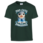 Los Tralaleritos print on a forest green kids t-shirt, front view