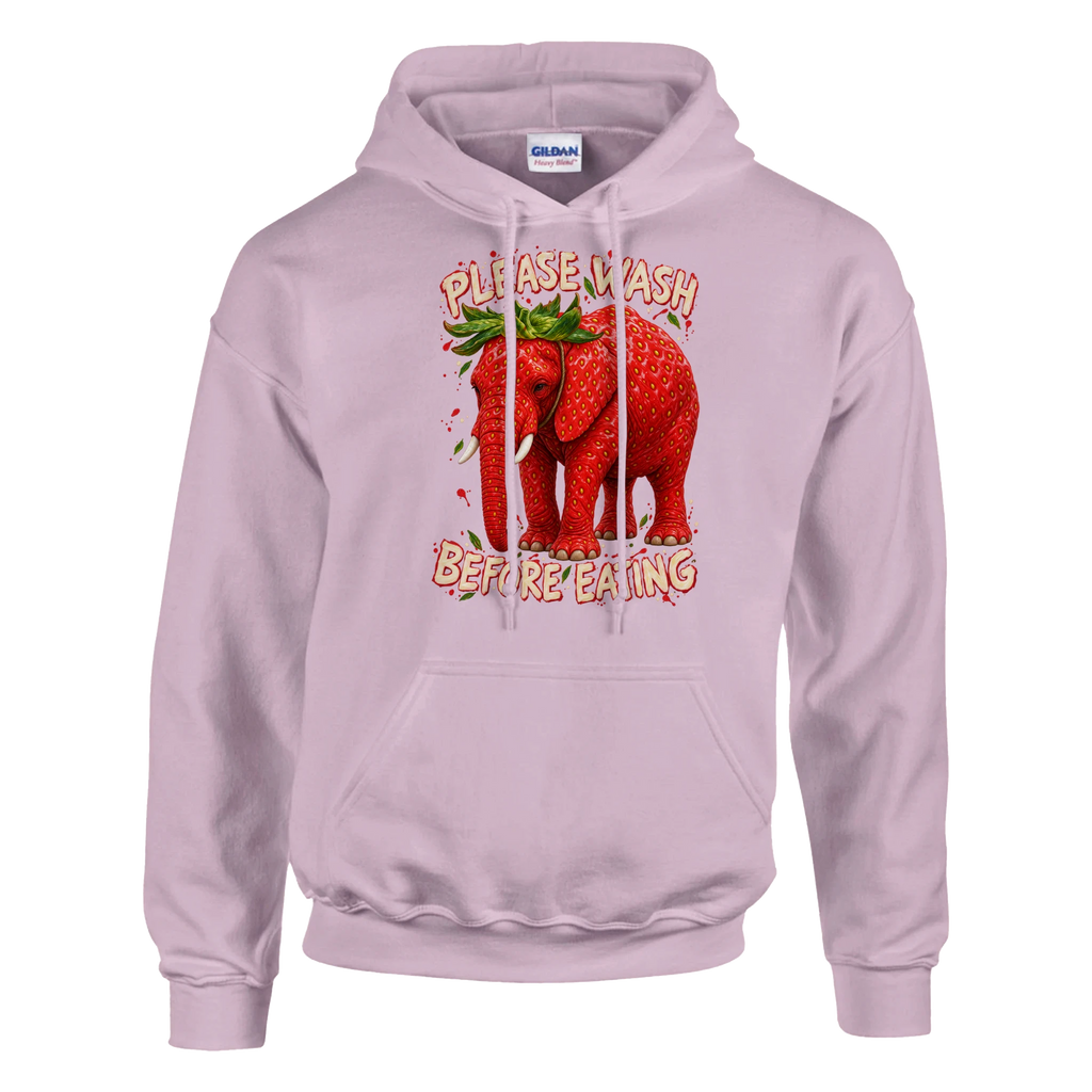 Strawberry Elephant print on a light pink pullover hoodie, front view