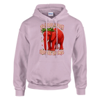 Strawberry Elephant print on a light pink pullover hoodie, front view