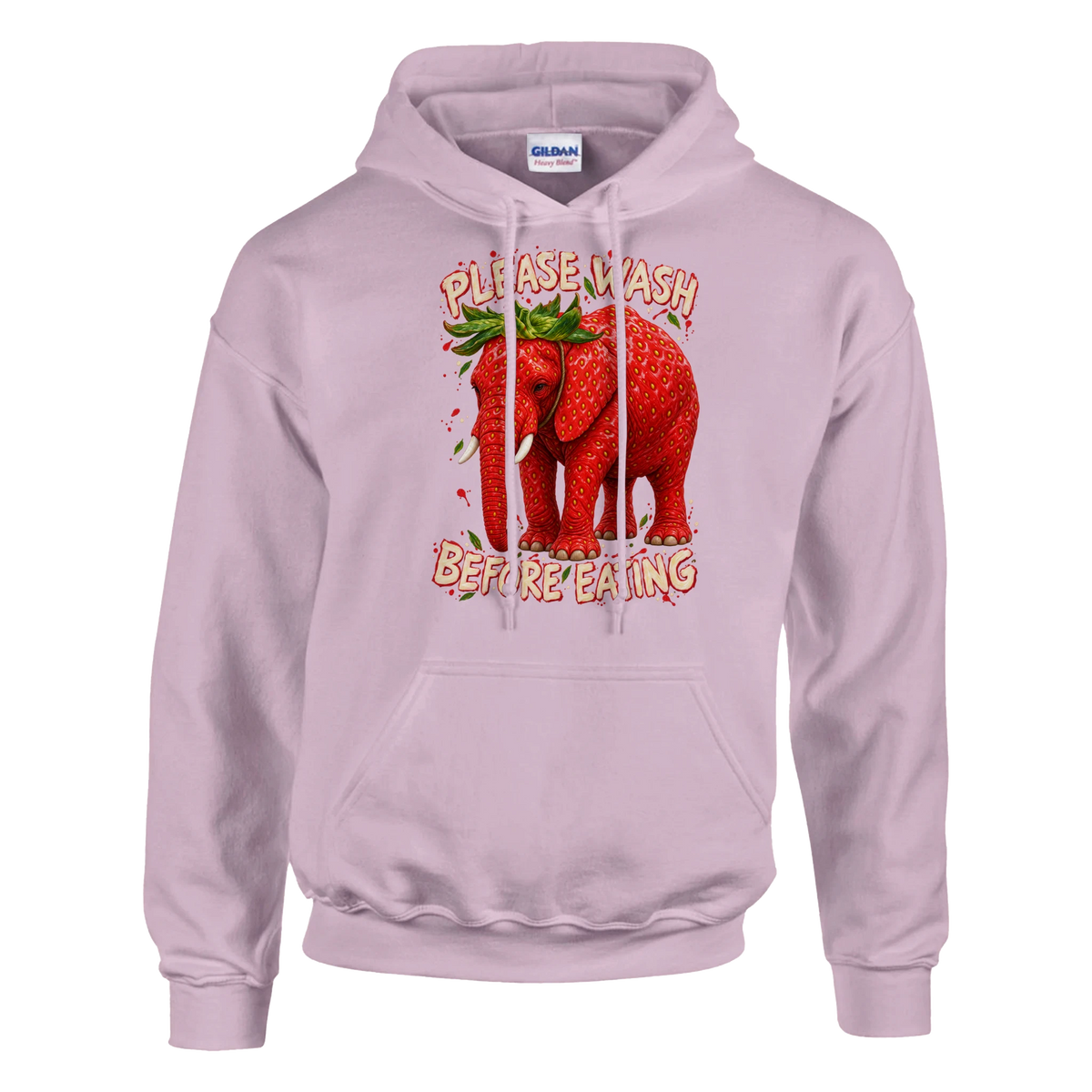 Strawberry Elephant print on a light pink pullover hoodie, front view