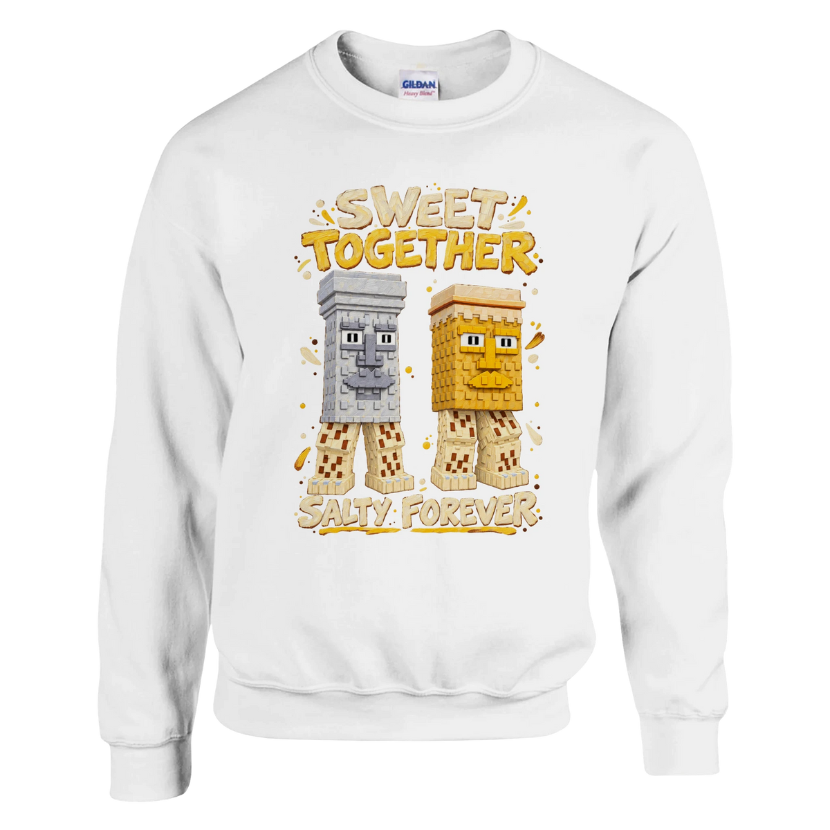 Garama and Madundung print on a white crewneck sweatshirt, front view