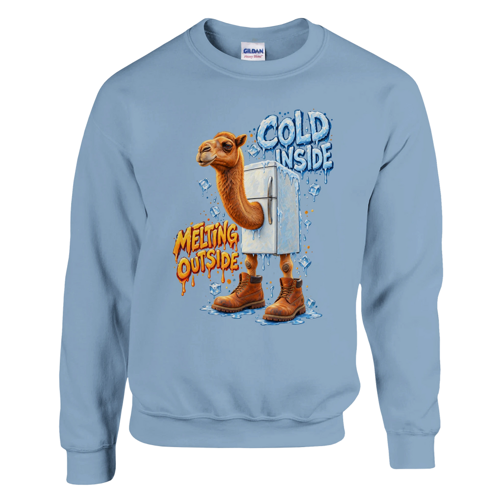 Frigo Camelo print on a light blue crewneck sweatshirt, front view