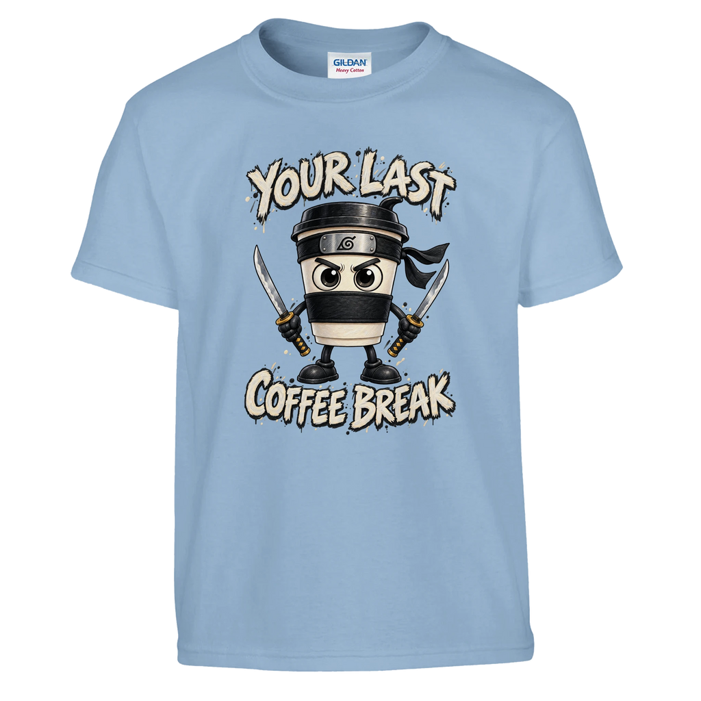 Cappuccino Assassino print on a light blue kids t-shirt, front view