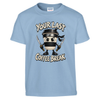 Cappuccino Assassino print on a light blue kids t-shirt, front view