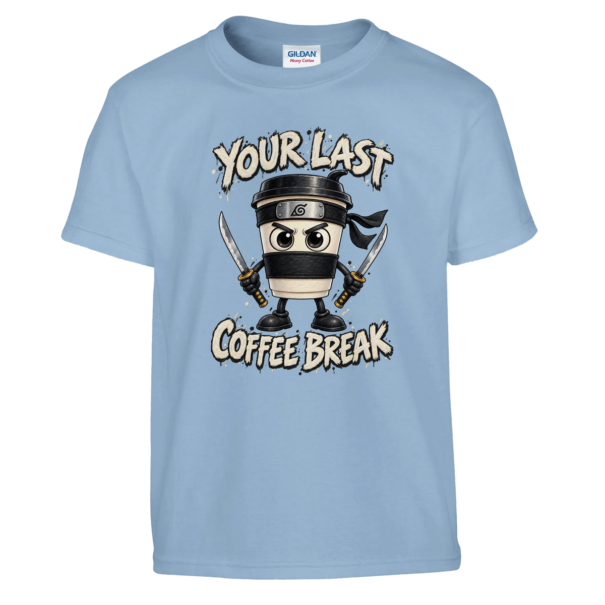 Cappuccino Assassino print on a light blue kids t-shirt, front view