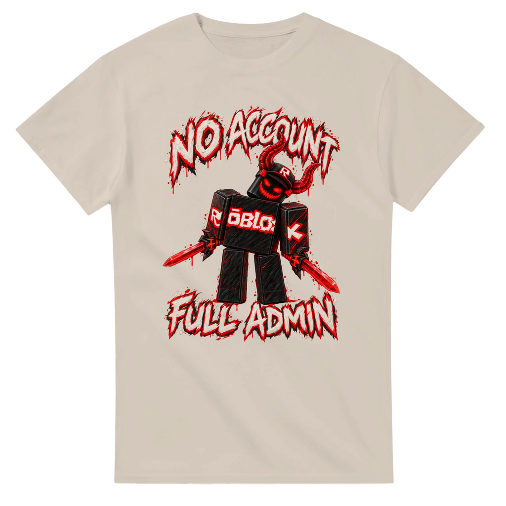 Sand t-shirt printed with Guest 666 and the words No account, full admin, front view
