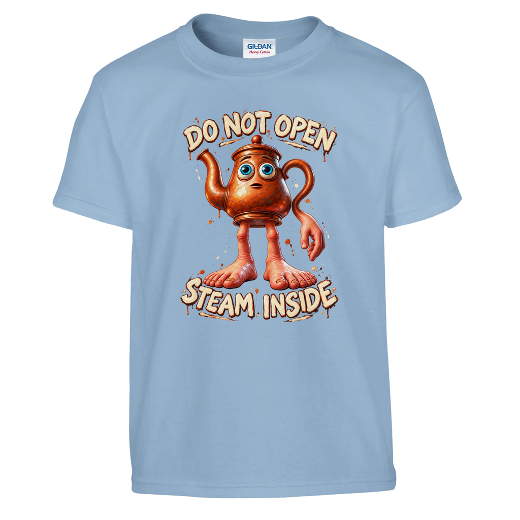 Ta Ta Ta Sahur print on a light blue kids t-shirt, front view