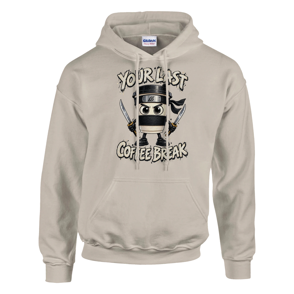 Cappuccino Assassino print on a sand pullover hoodie, front view
