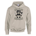 Cappuccino Assassino print on a sand pullover hoodie, front view