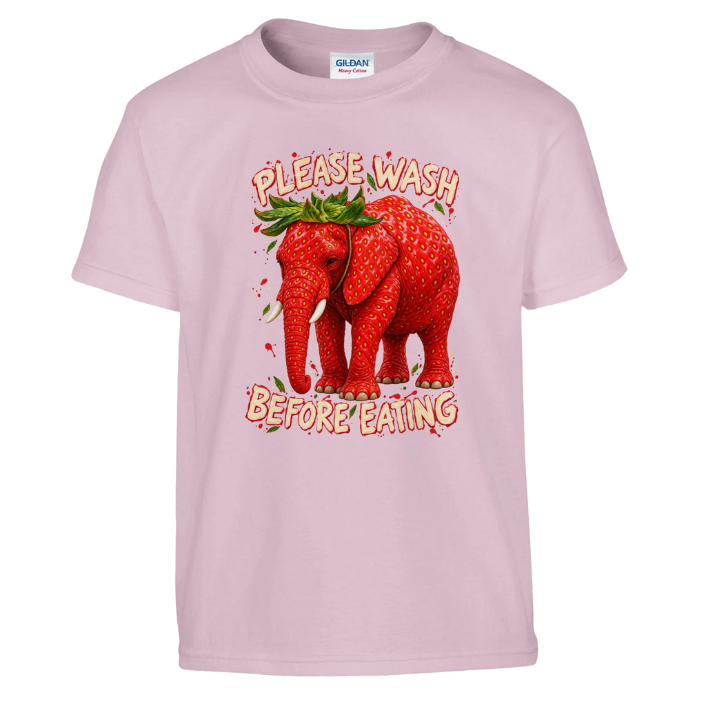 Strawberry Elephant print on a light pink kids t-shirt, front view