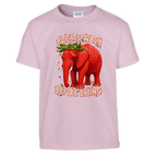 Strawberry Elephant print on a light pink kids t-shirt, front view