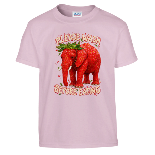 Strawberry Elephant print on a light pink kids t-shirt, front view