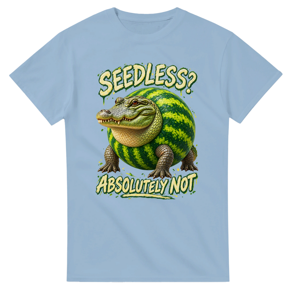 Light Blue t-shirt printed with Glorbo Fruttodrillo and the words Seedless? Absolutely not, front view