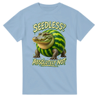 Light Blue t-shirt printed with Glorbo Fruttodrillo and the words Seedless? Absolutely not, front view