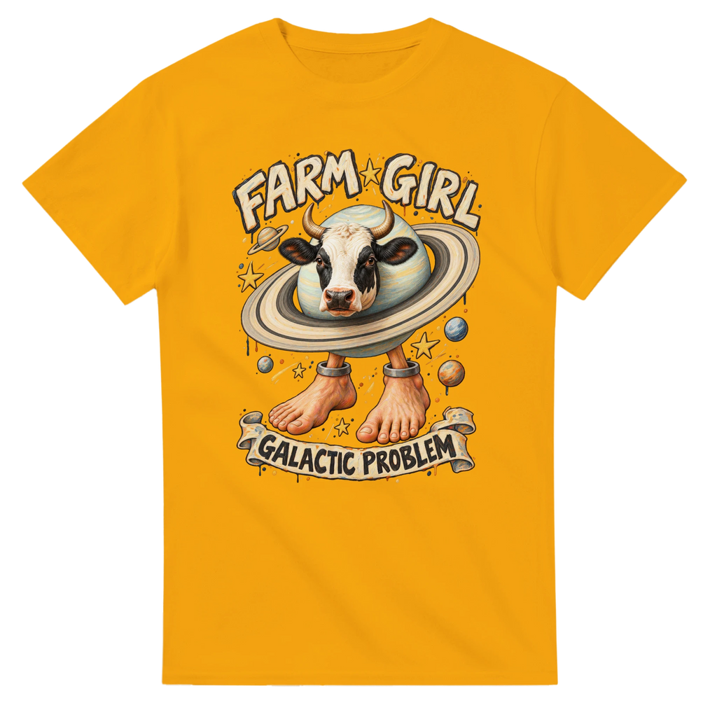 Gold t-shirt printed with La Vaca Saturno Saturnita and the words Farm girl, galactic problem, front view