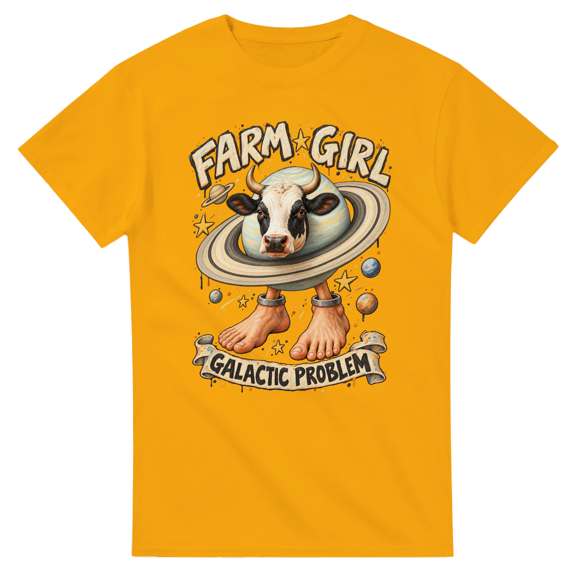 Gold t-shirt printed with La Vaca Saturno Saturnita and the words Farm girl, galactic problem, front view