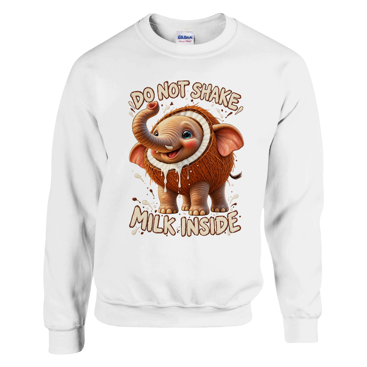 Cocofanto Elefanto print on a white crewneck sweatshirt, front view
