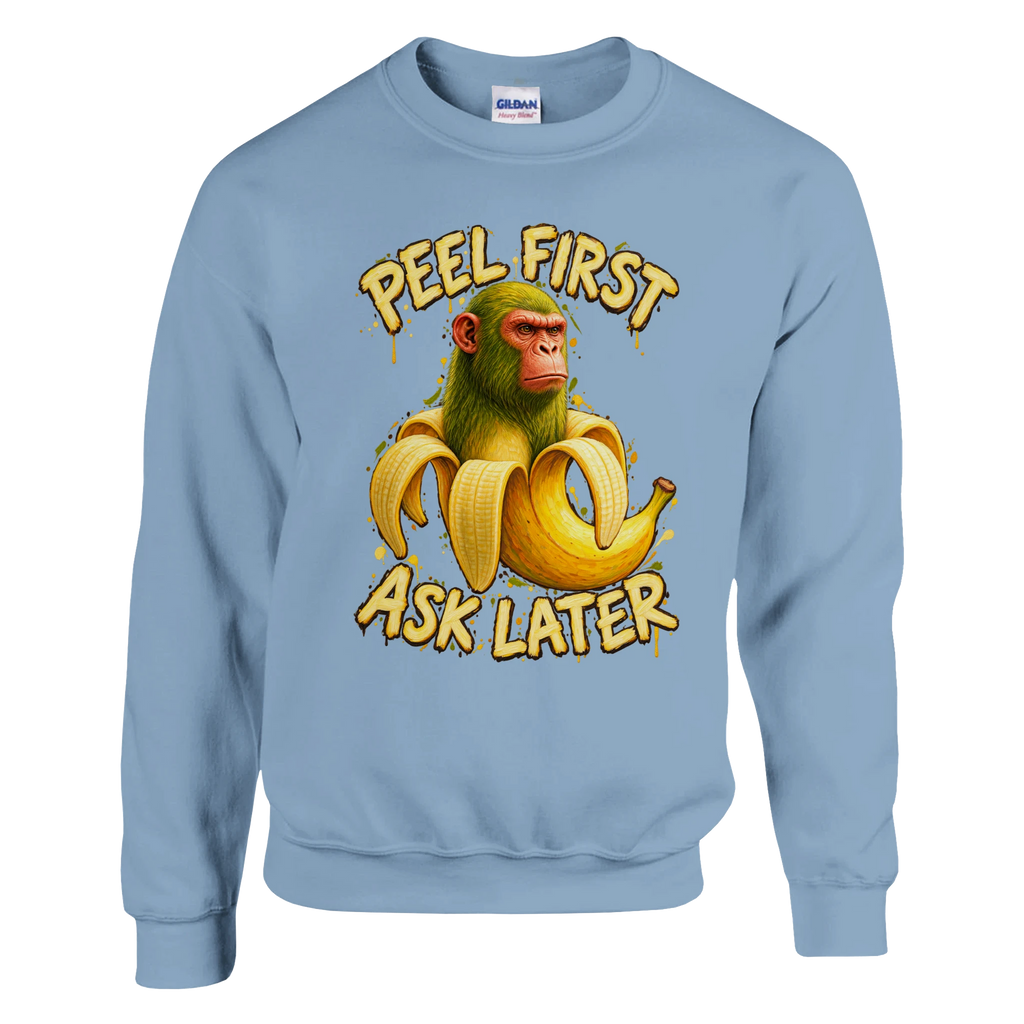 Chimpanzini Bananini print on a light blue crewneck sweatshirt, front view
