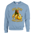 Chimpanzini Bananini print on a light blue crewneck sweatshirt, front view