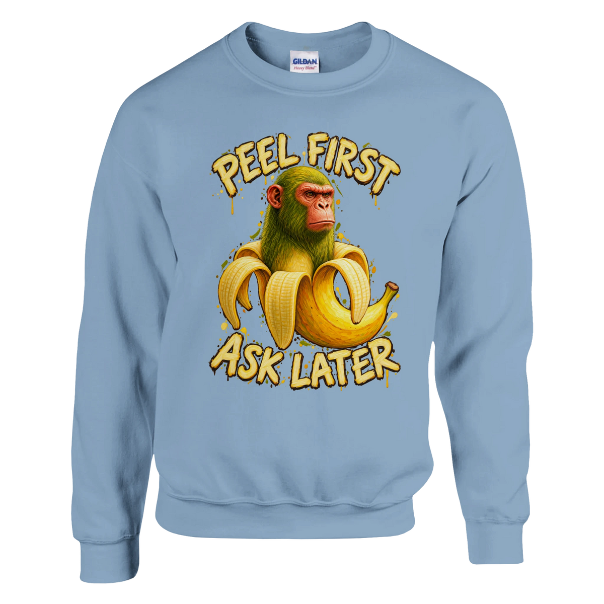Chimpanzini Bananini print on a light blue crewneck sweatshirt, front view