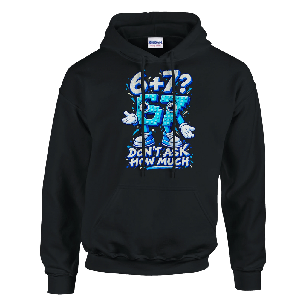 67 print on a black pullover hoodie, front view