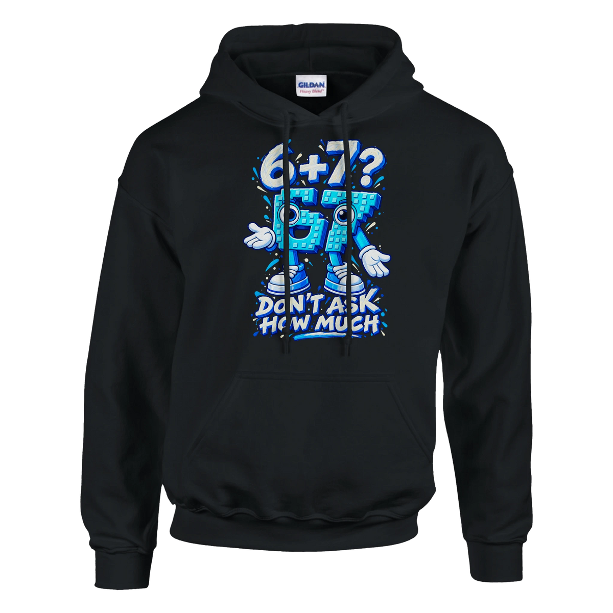 67 print on a black pullover hoodie, front view