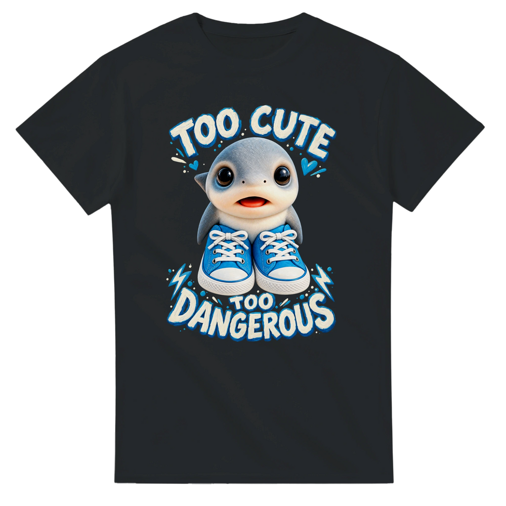 Black t-shirt printed with Los Tralaleritos and the words Too cute, too dangerous, front view