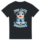 Black t-shirt printed with Los Tralaleritos and the words Too cute, too dangerous, front view