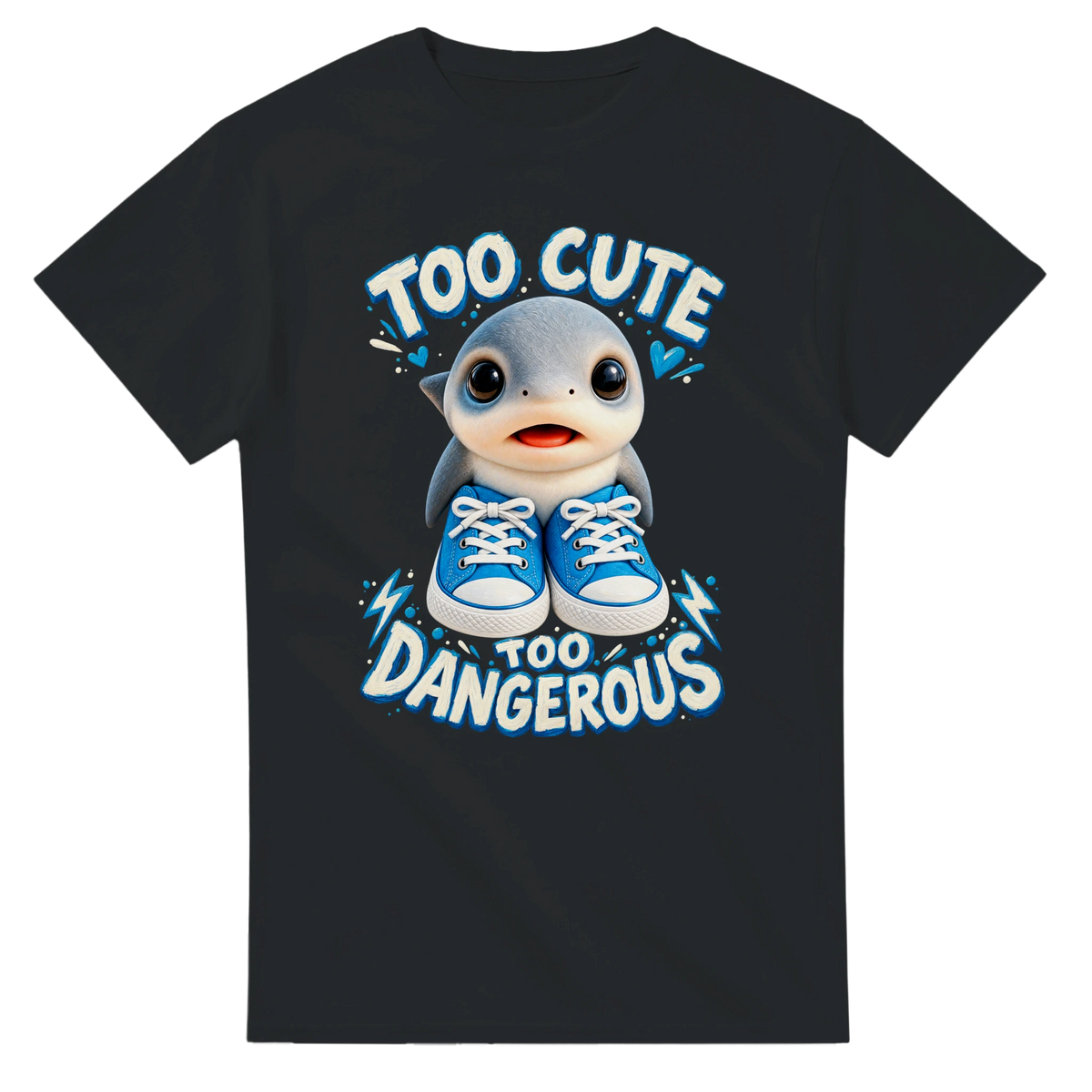 Black t-shirt printed with Los Tralaleritos and the words Too cute, too dangerous, front view