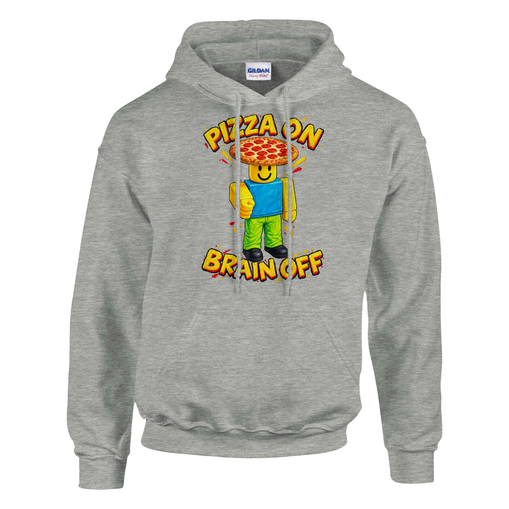 Noobini Pizzanini print on an ash grey pullover hoodie, front view