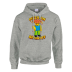Noobini Pizzanini print on an ash grey pullover hoodie, front view