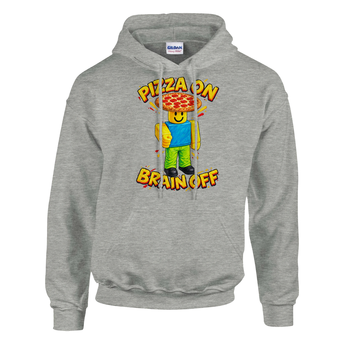 Noobini Pizzanini print on an ash grey pullover hoodie, front view