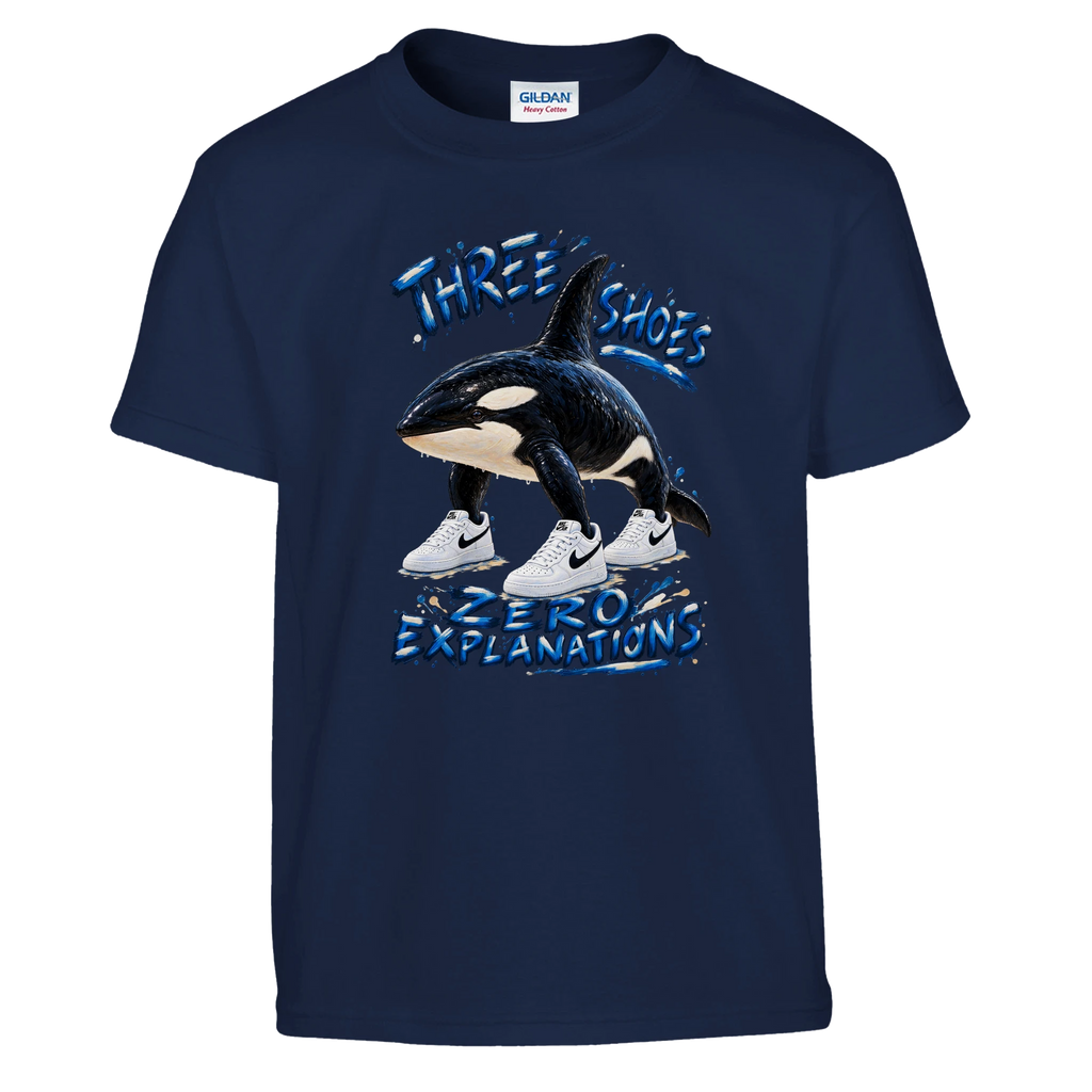 Orcalero Orcala print on a navy kids t-shirt, front view