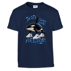 Orcalero Orcala print on a navy kids t-shirt, front view