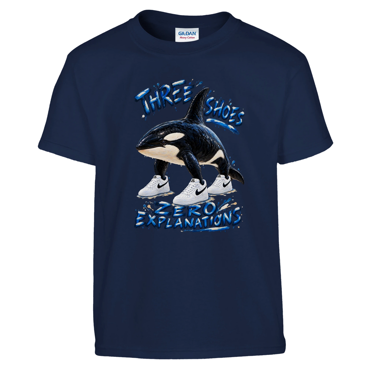 Orcalero Orcala print on a navy kids t-shirt, front view