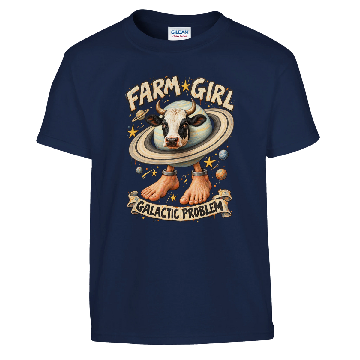 La Vaca Saturno Saturnita print on a navy kids t-shirt, front view