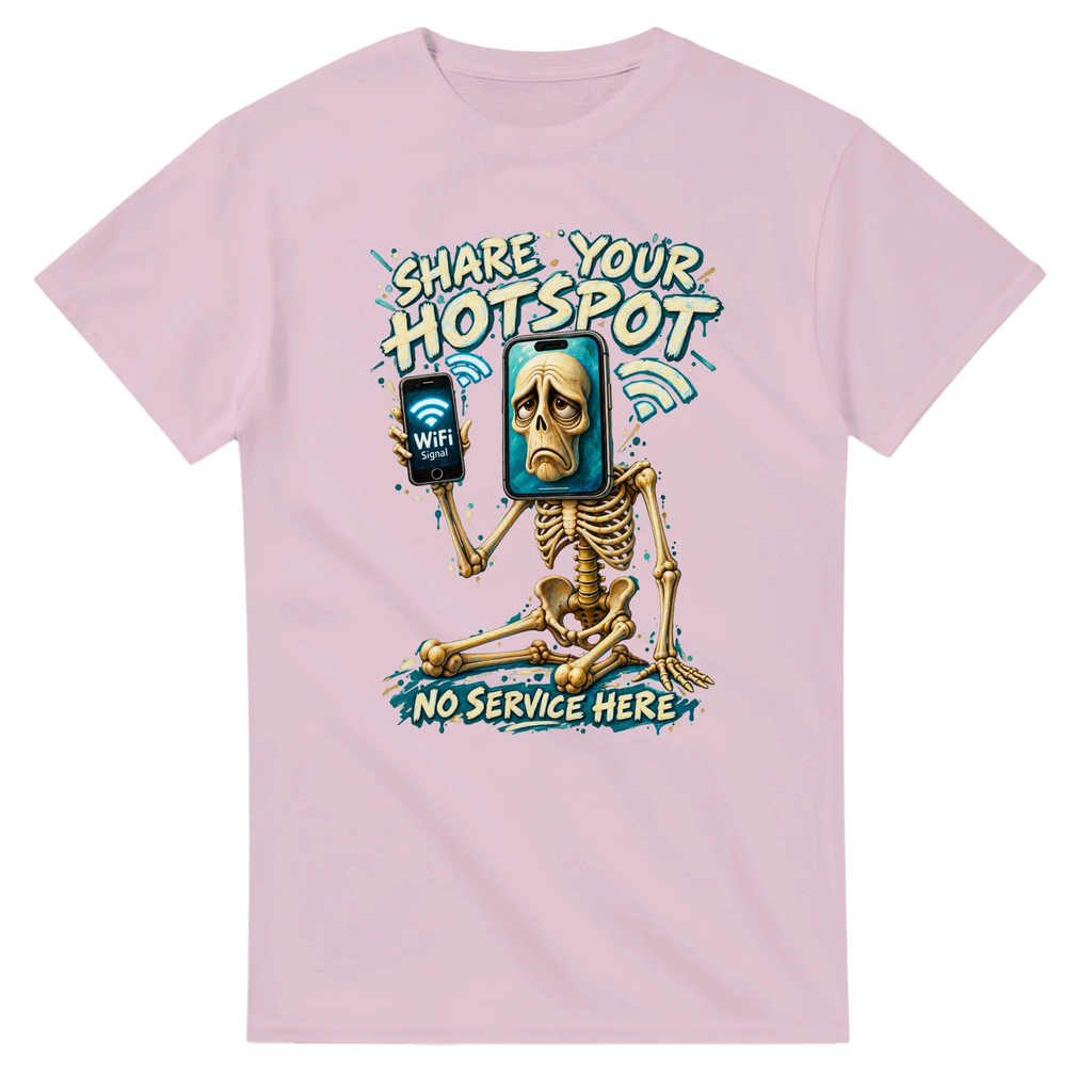 Light Pink t-shirt printed with Pot Hotspot and the words Share your hotspot, no service here, front view