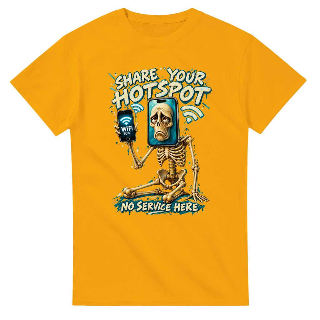Gold t-shirt printed with Pot Hotspot and the words Share your hotspot, no service here, front view