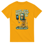 Gold t-shirt printed with Pot Hotspot and the words Share your hotspot, no service here, front view